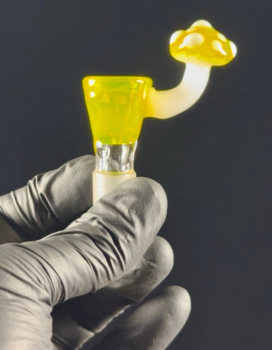 Yellow opalescent bowl piece with mushroom handle